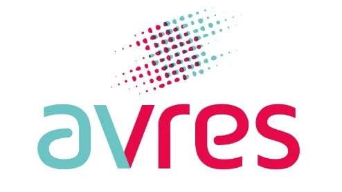 De afbeelding toont het woord "avres" in kleine letters, met "a" en "v" in groenblauw, "r", "e" en "s" in rood en een diagonaal patroon van groenblauwe en rode stippen erboven.