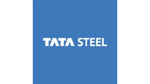 Tata Steel-logo met witte tekst op een blauwe achtergrond.