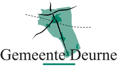 Logo van Gemeente Deurne met een gestileerde kaart met zwarte lijnen en groene vormen, en de tekst "Gemeente Deurne" eronder.