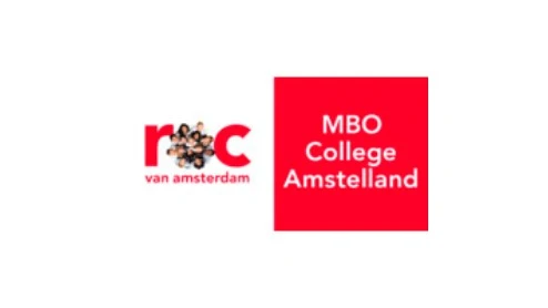 Logo van ROC van Amsterdam met links gestileerde rode letters met studentengezichten en rechts een rood vierkant met witte tekst "MBO College Amstelland.