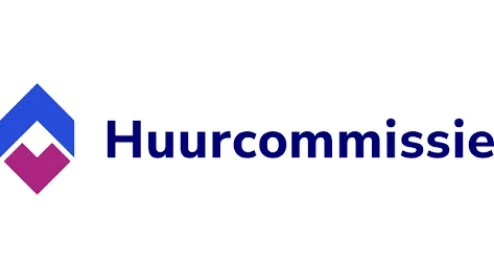 Logo van de Huurcommissie met een blauw en paars geometrisch pictogram links van het woord "Huurcommissie" in blauwe tekst op een witte achtergrond.