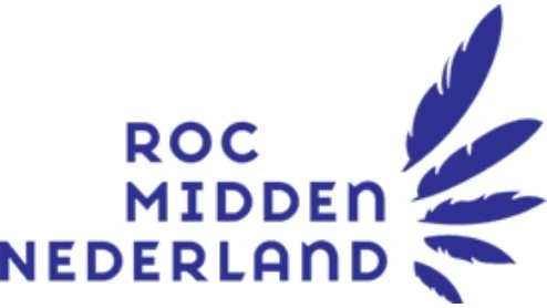 Logo van ROC Midden Nederland met de naam van de instelling in blauwe hoofdletters en zes blauwe veren aan de rechterkant.