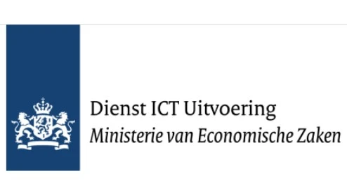 Logo van Dienst ICT Uitvoering, Ministerie van Economische Zaken, met het Nederlandse wapen op een blauwe achtergrond.