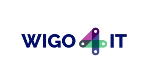 De afbeelding toont de tekst "WIGO 4 IT" met het getal 4 ontworpen in overlappende paarse, groene en blauwe segmenten.