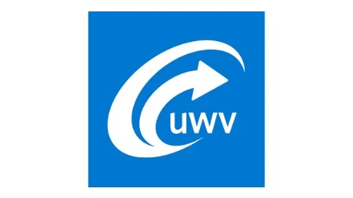 UWV-logo met een witte pijl die rond de kleine letters "uwv" kronkelt op een blauwe vierkante achtergrond.