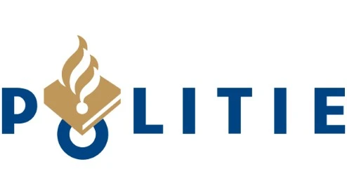 Logo van de Nederlandse politie met het woord "Politie" en een gestileerde gouden vlam en boek over de letter "O".