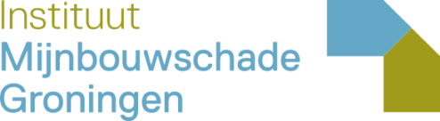 Logo van Instituut Mijnbouwschade Groningen met de naam in blauwe en groene tekst naast een gestileerd geometrisch huisicoon.