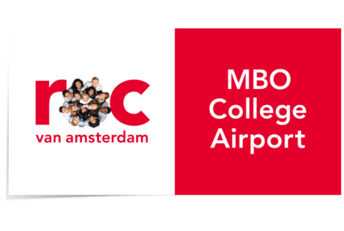 Links het logo van het ROC van Amsterdam met een groepsfoto binnen de letter "o"; rechts de tekst "MBO College Airport" op een rode achtergrond.