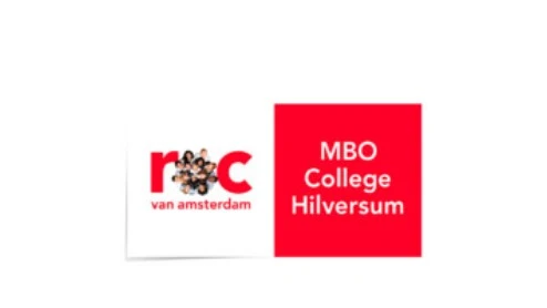 Logo met tekst: "roc van amsterdam" links en "MBO College Hilversum" op een rode achtergrond rechts.