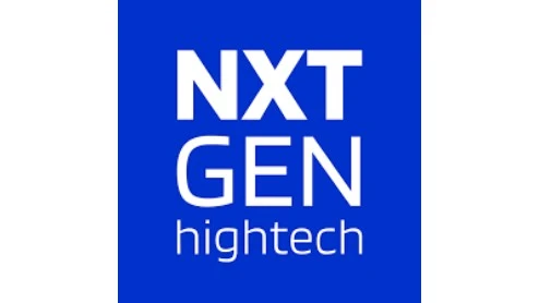 Witte tekst op een blauwe achtergrond luidt "NXT GEN hightech" met "NXT GEN" in groot lettertype en "hightech" in kleiner lettertype eronder.