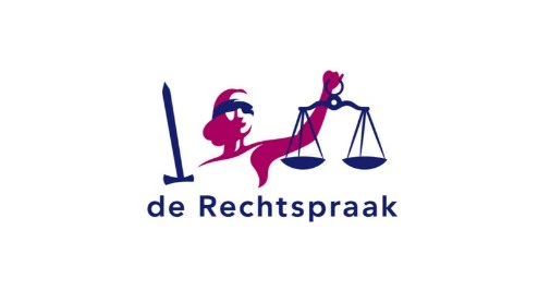 Logo van de Rechtspraak, met een gestileerde figuur die een zwaard en een weegschaal vasthoudt, als symbool van gerechtigheid, met daaronder de tekst "de Rechtspraak".