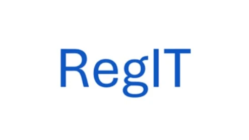 De afbeelding toont het woord "RegIT" in blauwe tekst op een witte achtergrond De afbeelding toont het woord "RegIT" in blauwe tekst op een witte achtergrond.