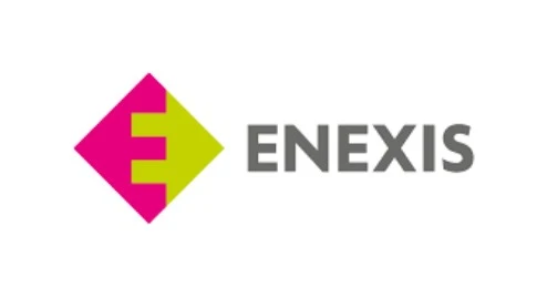 Enexis-logo met een roze en groene geometrische vorm met een gestileerde "E" naast het woord "ENEXIS" in grijze tekst.