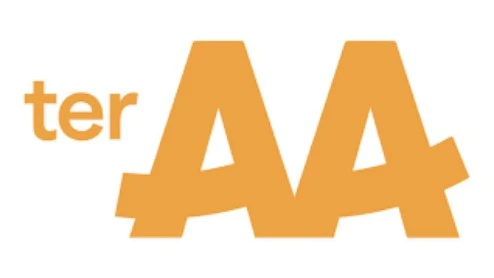 De afbeelding toont het woord "terAA" in oranje tekst, met de twee hoofdletters A overlappend en veel groter dan de rest van de letters.