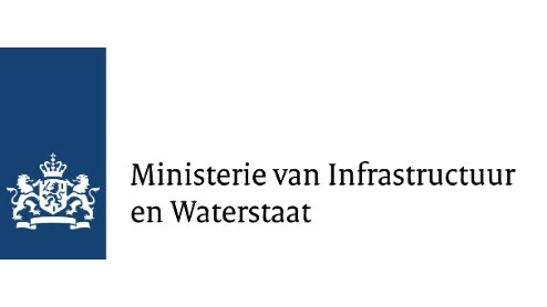 Logo van het Nederlandse Ministerie van Infrastructuur en Waterstaat, met een blauw wapen met een witte leeuw en tekst in het Nederlands.