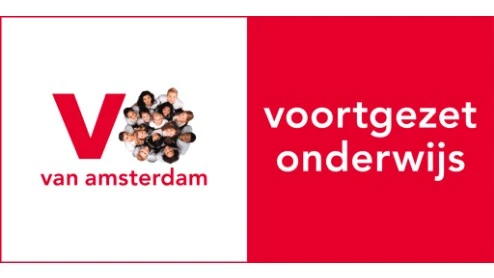 Logo met een rode "V", een groep mensen binnen de "V", de tekst "van amsterdam" eronder en "voortgezet onderwijs" rechts op een rode achtergrond.