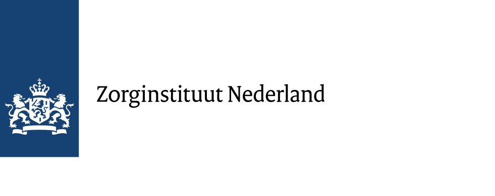 Logo van Zorginstituut Nederland met een witte achtergrond en blauwe verticale streep aan de linkerkant met een wit Nederlands regeringsembleem.