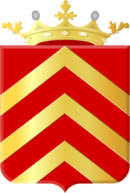 Een rood schild met drie gouden chevrons en een gouden kroon met bladachtige versieringen erop.