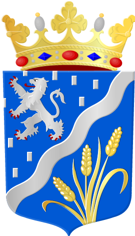 Een blauw schild met een golvende zilveren diagonale streep, een zilveren leeuw linksboven, drie gouden tarwehalmen rechtsonder en een kroon bovenop.