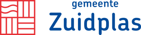 Logo van de gemeente Zuidplas, met links abstracte rode geometrische vormen en rechts de tekst "gemeente Zuidplas" in blauw.