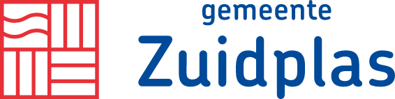 Logo van de gemeente Zuidplas, met links abstracte rode geometrische vormen en rechts de tekst "gemeente Zuidplas" in blauw.