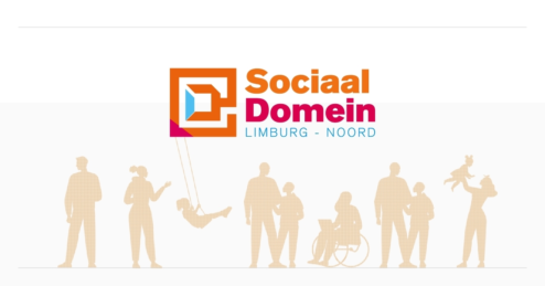 Logo voor Sociaal Domein Limburg-Noord boven silhouetten van mensen, waaronder een kind op een schommel, een persoon in een rolstoel en anderen staand of in interactie.