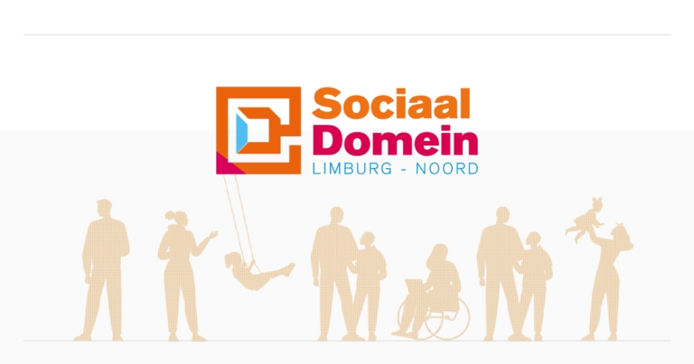 Logo voor Sociaal Domein Limburg-Noord boven silhouetten van mensen, waaronder een kind op een schommel, een persoon in een rolstoel en anderen staand of in interactie.
