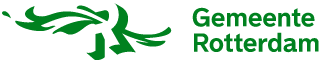 Groen logo met een gestileerde vogel en lint aan de linkerkant en de woorden "Gemeente Rotterdam" in groene tekst aan de rechterkant.