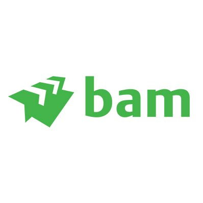 Groen gestileerd vinkje met drie pijlen, naast het woord "bam" in kleine groene letters op een witte achtergrond.