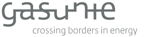 Gasunie logo met de tagline "crossing borders in energy" in grijze tekst op een transparante achtergrond.