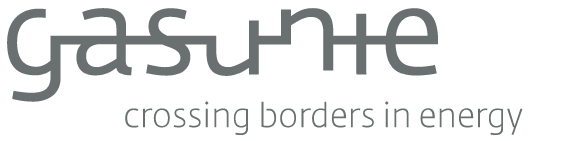 Gasunie logo met de tagline "crossing borders in energy" in grijze tekst op een transparante achtergrond.
