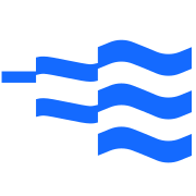 Drie horizontale blauwe golvende lijnen met links een verticaal lijnsegment, die lijken op een gestileerd symbool voor lucht of wind op een lichtgrijze achtergrond.