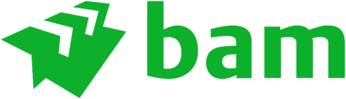Groen, geometrisch logo dat lijkt op gevouwen papier, gevolgd door het woord „bam” in kleine, vetgedrukte, groene letters op een transparante achtergrond.