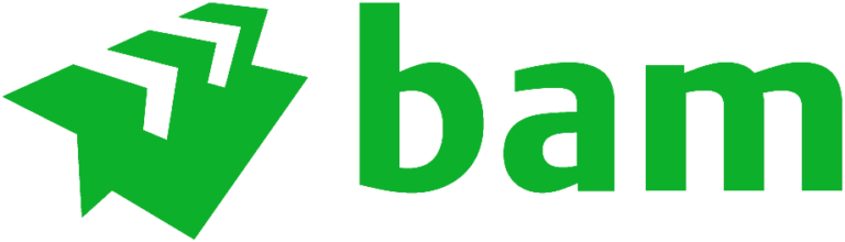 Groen, geometrisch logo dat lijkt op gevouwen papier, gevolgd door het woord „bam” in kleine, vetgedrukte, groene letters op een transparante achtergrond.