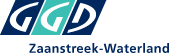 Het logo van GGD Zaanstreek-Waterland met de gestileerde letters "GGD" boven de tekst "Zaanstreek-Waterland" op een lichte achtergrond.