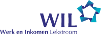 Logo van „Werk en Inkomen Lekstroom“ (WIL) met blauwe geometrische vormen en de naam van de organisatie in blauwe en grijze letters.