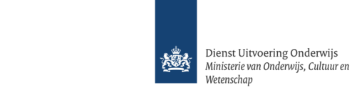Logo van de Dienst Uitvoering Onderwijs, Ministerie van Onderwijs, Cultuur en Wetenschap van Nederland, met een blauw embleem en Nederlandse tekst op een witte achtergrond.