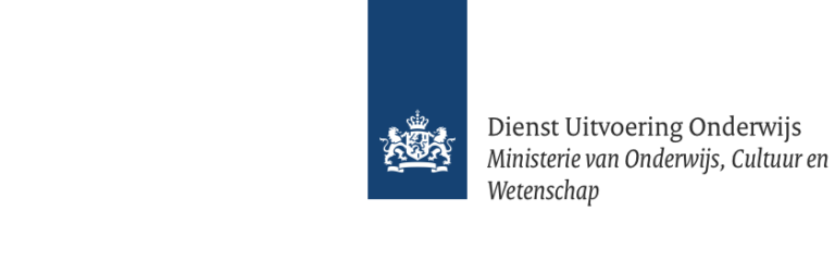 Logo van de Dienst Uitvoering Onderwijs, Ministerie van Onderwijs, Cultuur en Wetenschap van Nederland, met een blauw embleem en Nederlandse tekst op een witte achtergrond.