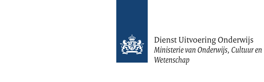 Logo van de Dienst Uitvoering Onderwijs, Ministerie van Onderwijs, Cultuur en Wetenschap van Nederland, met een blauw embleem en Nederlandse tekst op een witte achtergrond.