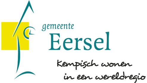 Logo van de gemeente Eersel met abstract ontwerp, een geel vierkant en tekst: "gemeente Eersel, Kempisch wonen in een wereldregio.