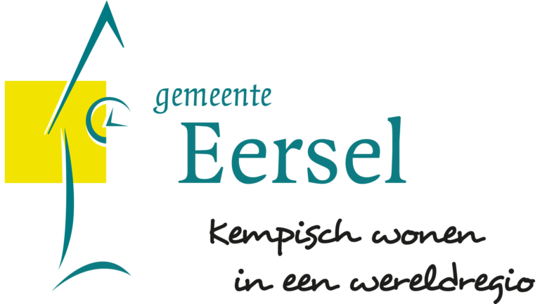 Logo van de gemeente Eersel met abstract ontwerp, een geel vierkant en tekst: "gemeente Eersel, Kempisch wonen in een wereldregio.