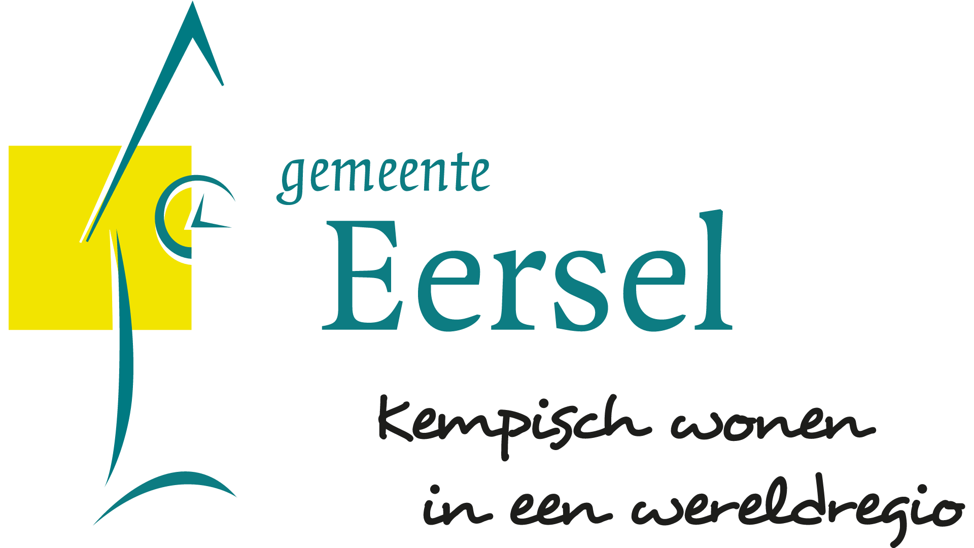 Logo van de gemeente Eersel met abstract ontwerp, een geel vierkant en tekst: "gemeente Eersel, Kempisch wonen in een wereldregio.