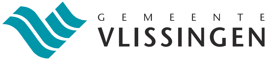 Het logo van de gemeente Vlissingen, bestaande uit drie turquoise golfvormen en de tekst „GEMEENTE VLISSINGEN” in zwarte letters.