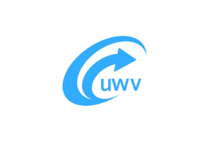 Blauw UWV logo met een gebogen pijl boven de letters "uwv" op een lichtgrijze achtergrond.