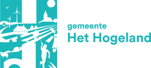 Logo van de gemeente Het Hogeland met gestileerde afbeeldingen in blauwgroene tinten van windmolens, een kerk, velden, huizen, een persoon, een schaap en de tekst „gemeente Het Hogeland” op een witte achtergrond.