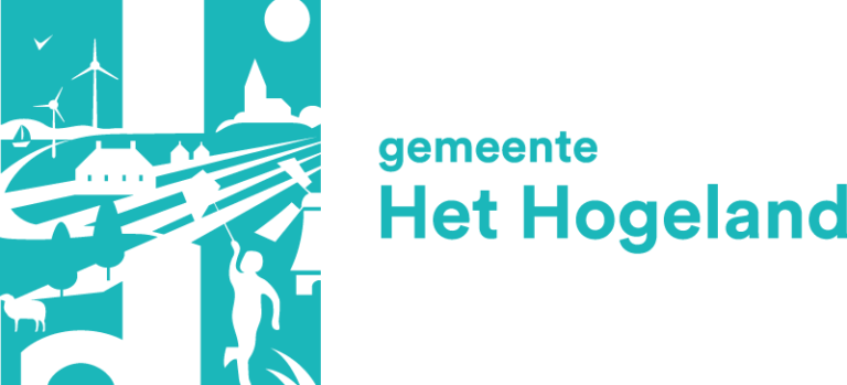 Logo van de gemeente Het Hogeland met gestileerde afbeeldingen in blauwgroene tinten van windmolens, een kerk, velden, huizen, een persoon, een schaap en de tekst „gemeente Het Hogeland” op een witte achtergrond.