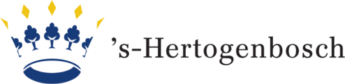 Het logo van ’s-Hertogenbosch, bestaande uit een zwart lettertype met schreef en een gestileerde blauwe kroon met daarboven gele ruitvormen, op een witte achtergrond.