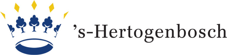 Het logo van ’s-Hertogenbosch, bestaande uit een zwart lettertype met schreef en een gestileerde blauwe kroon met daarboven gele ruitvormen, op een witte achtergrond.