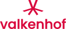 Rood logo met een abstracte zespuntige ster boven het woord „valkenhof” in kleine letters, in het rood op een witte achtergrond.