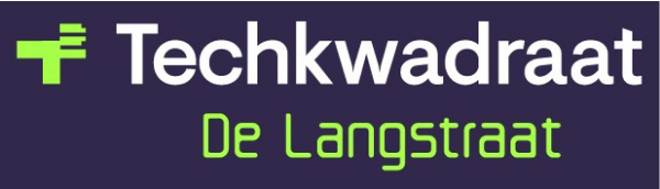 Het logo van Techkwadraat De Langstraat met groene en witte tekst op een donkere achtergrond, met links een gestileerd „T“-symbool.